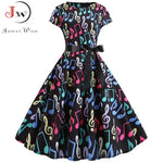 Load image into Gallery viewer, Women Summer Music Note Print Dress 50s 60s Robe Retro Swing Casual Vintage Party Dresses Vestidos