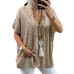 Load image into Gallery viewer, 2026 New European and American Amazon Short-Sleeved Urban Casual Color Loose-Fitting Pullover Sequined V-Neck T-Shirt Tops for Women