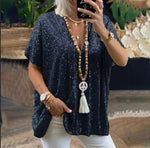 Load image into Gallery viewer, 2026 New European and American Amazon Short-Sleeved Urban Casual Color Loose-Fitting Pullover Sequined V-Neck T-Shirt Tops for Women