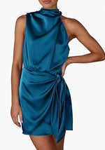 Load image into Gallery viewer, Spring 2024 Women's Short Formal Satin Dress Summer Sleeveless Collar Lace Up Waist Cocktail Party