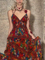 Load image into Gallery viewer, TheNeverMo Fireworks Burning Spring French Retro V-neck Strap Floral Long Dress for Holiday dress Summer