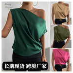 Load image into Gallery viewer, 2026 Spring Solid Color Satin Imitation Silk Irregular Off-Shoulder One-Neck Pullover Sleeveless Shirt for Women European and American Fashion