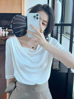 Load image into Gallery viewer, 2024 Summer New Fashion Elegant All-match Slim Shoulder Half-sleeve T-shirt Draped Double Split Umbrella Skirt Two-piece Set