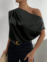 Load image into Gallery viewer, 2026 Spring Solid Color Satin Imitation Silk Irregular Off-Shoulder One-Neck Pullover Sleeveless Shirt for Women European and American Fashion