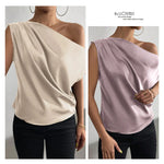 Load image into Gallery viewer, 2026 Spring Solid Color Satin Imitation Silk Irregular Off-Shoulder One-Neck Pullover Sleeveless Shirt for Women European and American Fashion