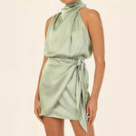 Load image into Gallery viewer, Spring 2024 Women's Short Formal Satin Dress Summer Sleeveless Collar Lace Up Waist Cocktail Party