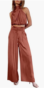 Load image into Gallery viewer, Women's 2-Piece Suit 2023 Summer Fashion Casual Sleeveless Boat Neck Crop Top Wide-Leg Pants