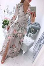 Load image into Gallery viewer, Women's Dress Summer Autumn Chiffon Slim Printed Pleated Stitching Dress Women Long Sleeve V-neck High Waist Slit Bohemian Dress
