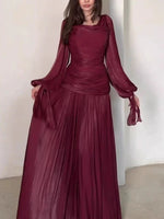 Load image into Gallery viewer, Women's Fashion Draped Design Solid Long Dress 2026 Casual Commute Waist Party Dresses Elegant O-neck Long Sleeve Evening Dress