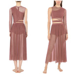 Load image into Gallery viewer, Womens Modern Lyrical Contemporary Dance Costume Cutout Round Neck Dress Side Split Sheer Mesh Dresses Performance Outfits
