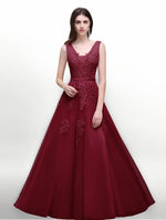 Load image into Gallery viewer, Women Burgundy Evening Dress Lace Appliques Tulle V-Neck Sexy Backless Prom Dresses A-Line Floor-Length Sleeveless Party Vestido