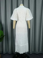 Load image into Gallery viewer, White Lace Dresses for Women Wedding Guests Elegant Turn Down Collar Puff Sleeves Pleated Hem Midi Dress Luxury Occasion Clothes