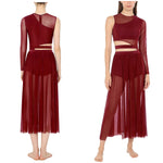 Load image into Gallery viewer, Womens Modern Lyrical Contemporary Dance Costume Cutout Round Neck Dress Side Split Sheer Mesh Dresses Performance Outfits
