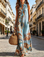 Load image into Gallery viewer, Elegant Sleeveless Long Dress for Women Digital Print Turndown Collar Single-breasted Dresses Flowy Casual Boho Summer Vestido