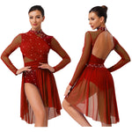 Load image into Gallery viewer, Womens Gymnastics Lyrical Ballet Dance Glittery Rhinestone Dress Ruched Backless Leotard Dresses Contemporary Dance Costumes