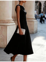 Load image into Gallery viewer, Women Draped Cowl Neck Sleeveless Waist Ruched Midi Dress Elegant Formal Wedding Guest Swing Dress