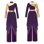 Load image into Gallery viewer, Women Worship Liturgical Dance Performance Costume Lyrical Dresses 2pcs Long Sleeve Asymmetrical Hem Dress with Wide-Leg Pants