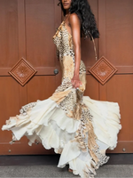 Load image into Gallery viewer, Women's Leopard Print Long Maxi Dress Halter Neck Plunge Front Tiered Ruffle Mermaid Skirt Elegant Party Cocktail Daily Gowns