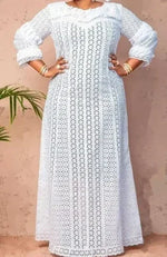 Load image into Gallery viewer, White Lace Dresses for Women Wedding Guests Elegant Turn Down Collar Puff Sleeves Pleated Hem Midi Dress Luxury Occasion Clothes