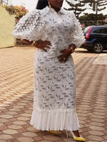Load image into Gallery viewer, White Lace Dresses for Women Wedding Guests Elegant Turn Down Collar Puff Sleeves Pleated Hem Midi Dress Luxury Occasion Clothes