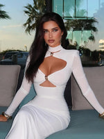 Load image into Gallery viewer, Elegant Party Dresses For Women Fashion Sexy Solid Full Sleeves Hollow Out Turtleneck Sheath Hip Wrap Long Vestidos Robes Female