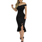 Load image into Gallery viewer, Women's Party Dress Sexy Off Shoulder Split Ruffle Solid Bodycon Knee-length Dress Fashion Glitter Party Elegant Dresses Vestido