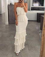 Load image into Gallery viewer, Womens Dresses 2024 Summer Fashion Temperament Solid Color Sexy Bandeau Sleeveless Slim Fit Shirred Ruffle Layered Long Dress