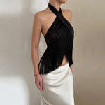 Load image into Gallery viewer, Solid Satin Women Fringe Top Cross Halter Neck Sleeveless Off Shoulder Backless Fashion Crop Tank Tops 2026 Summer Chic Outfits