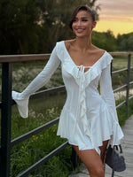 Load image into Gallery viewer, Women's Elegant Casual Dress Spring 2025 Deep V Neck Flared Sleeve Ruffled Lace Pleated Short Fashion Dress