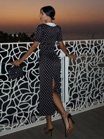 Load image into Gallery viewer, Dot Printed Dresses For Women Fashion Sexy Streetwear Short Sleeves Sheath Turn Down Collar V-Neck Long Vestidos Robes Female