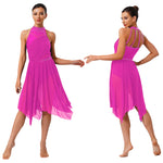 Load image into Gallery viewer, Womens Gymnastics Lyrical Ballet Dance Glittery Rhinestone Dress Ruched Backless Leotard Dresses Contemporary Dance Costumes