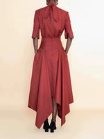 Load image into Gallery viewer, Women's Formal Evening Gowns Red Asymmetric Skirt Evening Dresses Elegant Party Dresses Tie Neck Blouse & High Waist Maxi Set