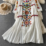 Load image into Gallery viewer, Women Vintage Dress Bohemian Ethnic Seaside Holiday Dress Spring Embroidered V-Neck Beach Dress Sundress Casual Pleated Vestidos