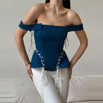 Load image into Gallery viewer, Elegant Off Shoulder Blue Tube Top Women's Contrast Lace Up Waist Cinched Corset Tops 2026 Summer New Lady Fashion Streetwear