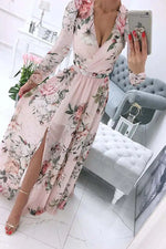 Load image into Gallery viewer, Women's Dress Summer Autumn Chiffon Slim Printed Pleated Stitching Dress Women Long Sleeve V-neck High Waist Slit Bohemian Dress