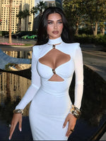 Load image into Gallery viewer, Elegant Party Dresses For Women Fashion Sexy Solid Full Sleeves Hollow Out Turtleneck Sheath Hip Wrap Long Vestidos Robes Female