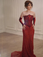 Load image into Gallery viewer, Women's Formal Evening Gowns Burgundy Beaded Evening Dresses Elegant Party Dresses with Off-Shoulder Gloves, Corset Bodice