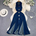 Load image into Gallery viewer, Denim Dress Women Long Dresses Turn Down Collar Sleeveless Party Club Hollow Out Jeans High Waist Slim Single Breasted Vestidos