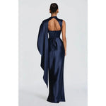 Load image into Gallery viewer, Women's Elegant Party Dresses Draped Cape Satin Evening Gown, High Neck Corset Back Formal Dress with Ruched Waist 2026