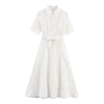 Load image into Gallery viewer, HH Women's Fashion Dress White Turn Down Collar Short Sleeve Bow Lace-Up Single-Breasted Female Summer Embroidery Long Dress