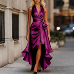 Load image into Gallery viewer, Women's Deep V-Neck Ruffled Evening Gowns Solid Lace-Up High Waist Satin Party Dresses Elegant Temperament Wedding Guests Dress