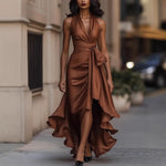 Load image into Gallery viewer, Women's Deep V-Neck Ruffled Evening Gowns Solid Lace-Up High Waist Satin Party Dresses Elegant Temperament Wedding Guests Dress