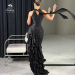 Load image into Gallery viewer, Women's Formal Evening Gowns Black Sleeveless Gown Evening Dress Luxury Halter Neck Lace Asymmetric Ruffle Chiffon Party Dresses
