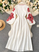 Load image into Gallery viewer, Women Autumn Dresses Bohemian Embroidered Flower O-Neck Lantern Sleeve High Waist Pleated Dress All-match Female Vestidos PL393