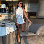 Load image into Gallery viewer, Elegant Women's Solid Halter Top Shorts Set Sleeveless Backless Swing Collar Vest Pleated Short Pant 2026 Summer Lady Beach Suit