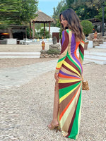 Load image into Gallery viewer, Women's Dresses Rainbow Outerwear Print Bodycon Maxi Dress Long Sleeve Summer Trendy High Slit Casual Evening Gown Woman Clothes