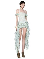 Load image into Gallery viewer, Women Ruffles Draped Dress Three Piece Sets Sexy Halter Neck Folds Ruffled Dress+Lace-up Corset Top+Shorts Suits Party Cocktail