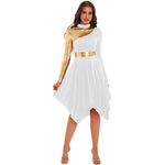 Load image into Gallery viewer, Women Worship Liturgical Dance Performance Costume Lyrical Dresses 2pcs Long Sleeve Asymmetrical Hem Dress with Wide-Leg Pants