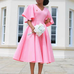 Load image into Gallery viewer, Elegant Dresses for Women V Neck Flare Sleeve High Waisted Pleated A Line Mid Calf Luxury Birthday Party Dinner Vestidos Mujer