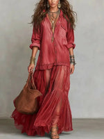 Load image into Gallery viewer, Denim Dress Women Dresses A Line Turn Down Collar Full Sleeve Ruffled Vintage Elegant Mesh Splice Work Causl Y2k Streetwear 2026